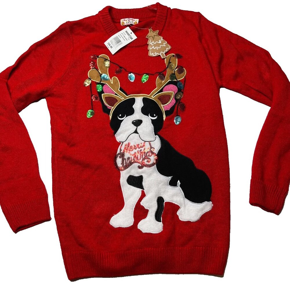 NEW Poof French Bulldog Christmas Sweater Size Small Womens Red Sequin Pitbull
